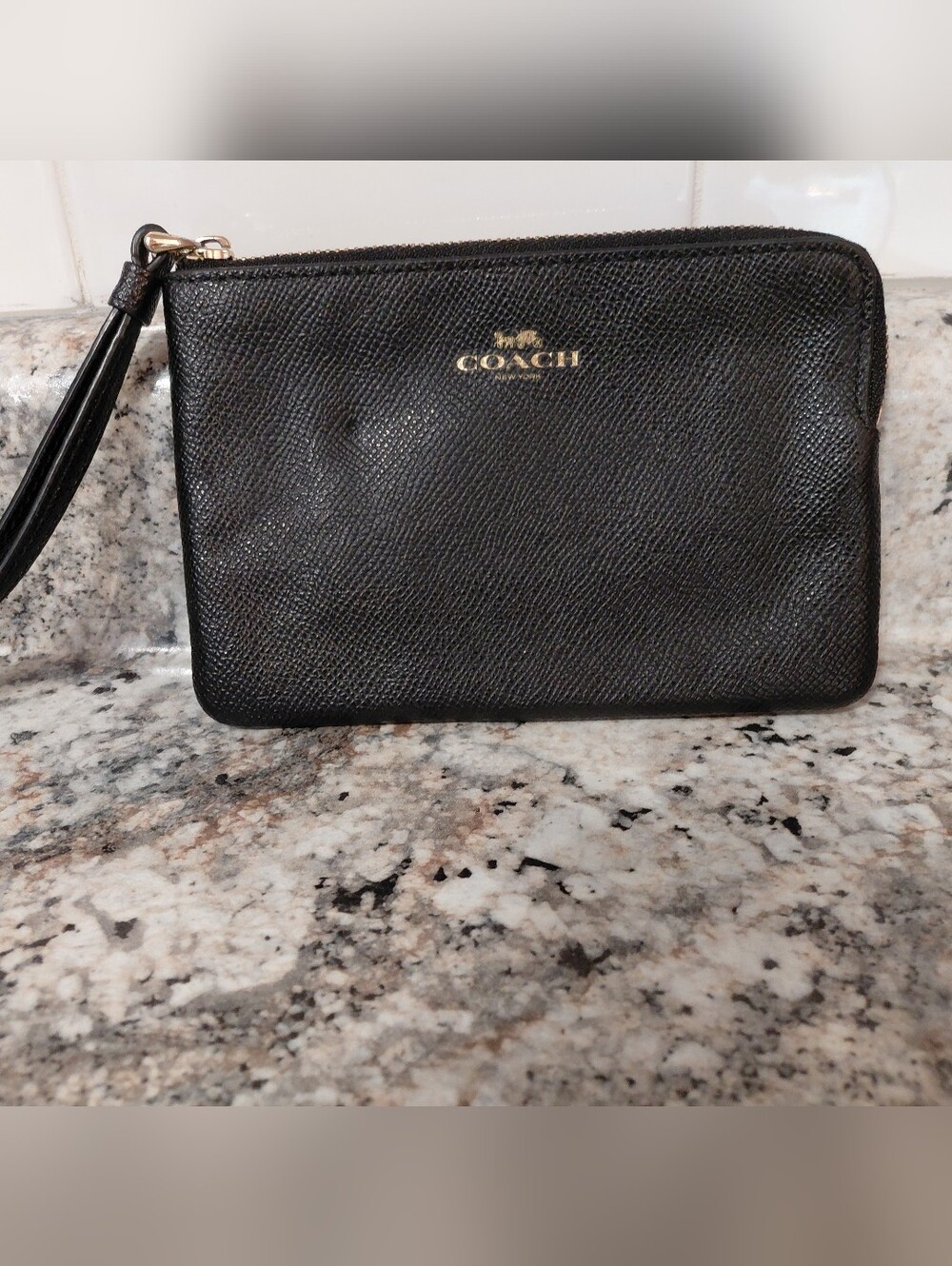 Coach Black Leather Wristlet Pouch with Gold Logo